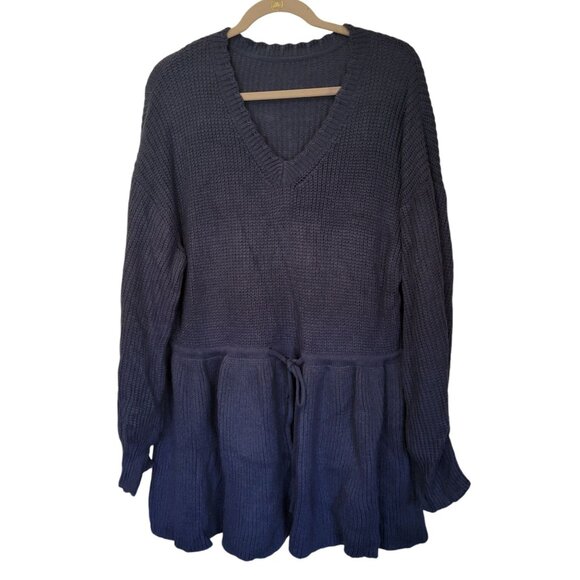 Sweater Tunic 3XL Knit V-Neck Blue Tie Waist Heavy Ruffle Hem Plus Size 100% Acr - Picture 1 of 5